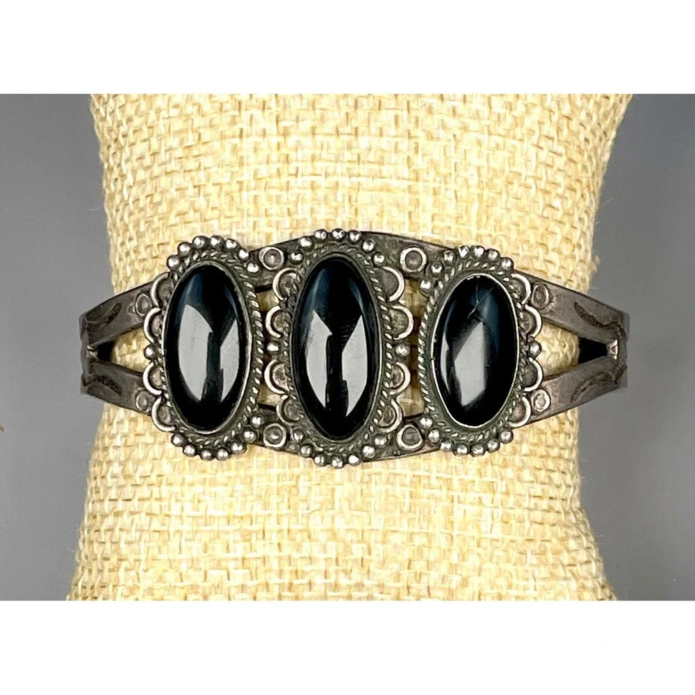 Black Onyx 3 Stone Silver Cuff Bracelet Handcrafted Southwestern 30.35g